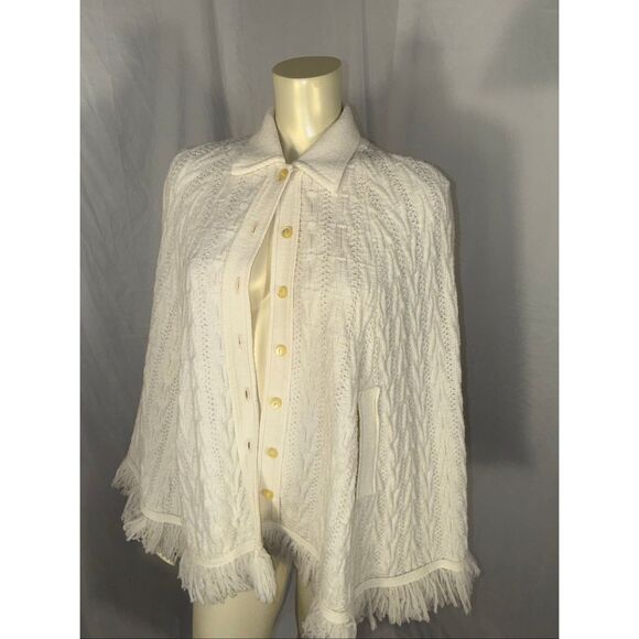 Vintage Lady Lynne Ivory Knit Cape with Fringe Trim – Button Front Poncho Cloak - Picture 1 of 13